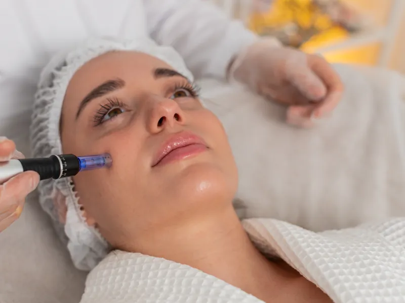 Behandlung der Gesichtshaut mit einem Microneedling-Pen