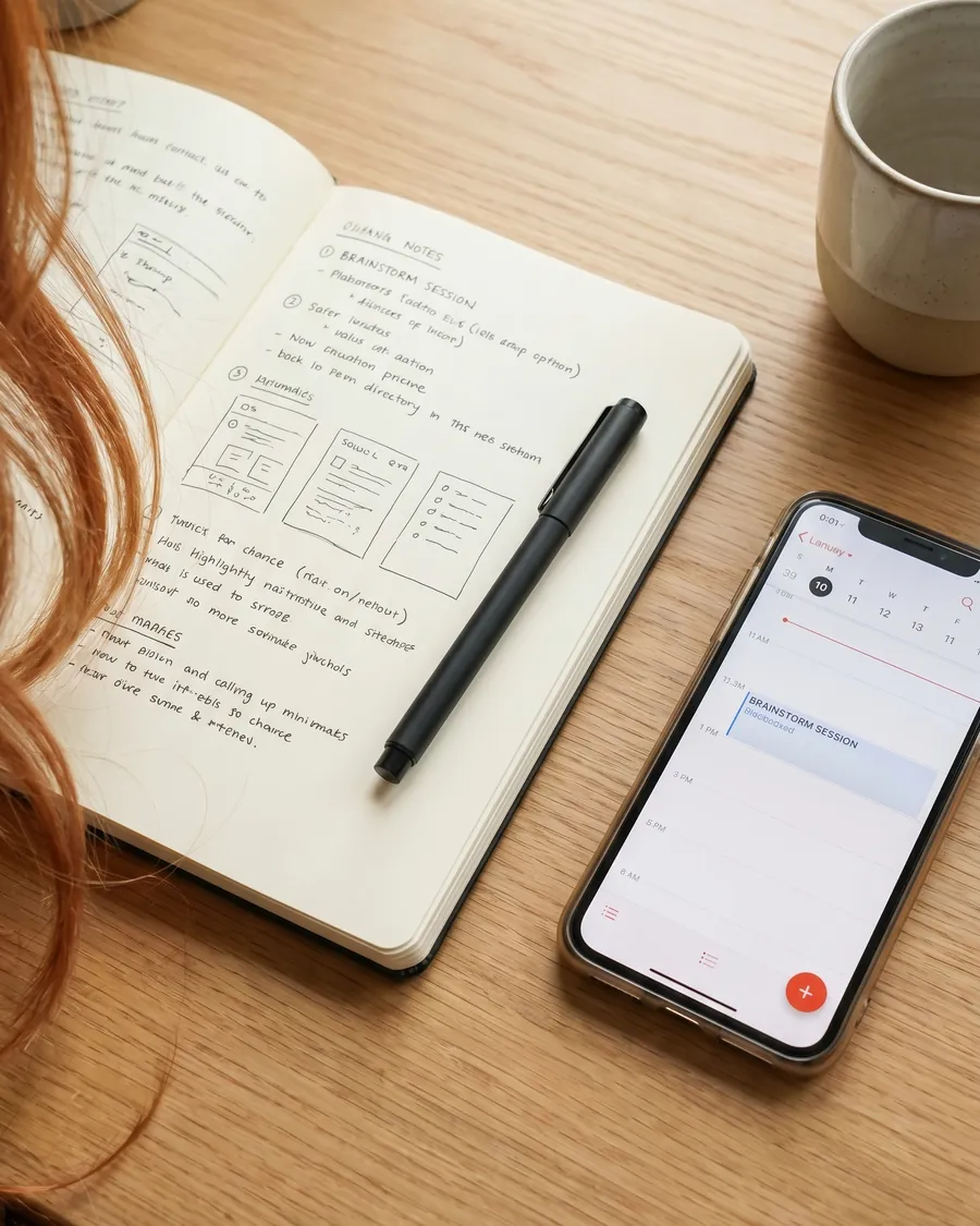 Aufgeschlagenes Notizbuch mit handschriftlichen Notizen, Stift und Smartphone auf einem Holztisch