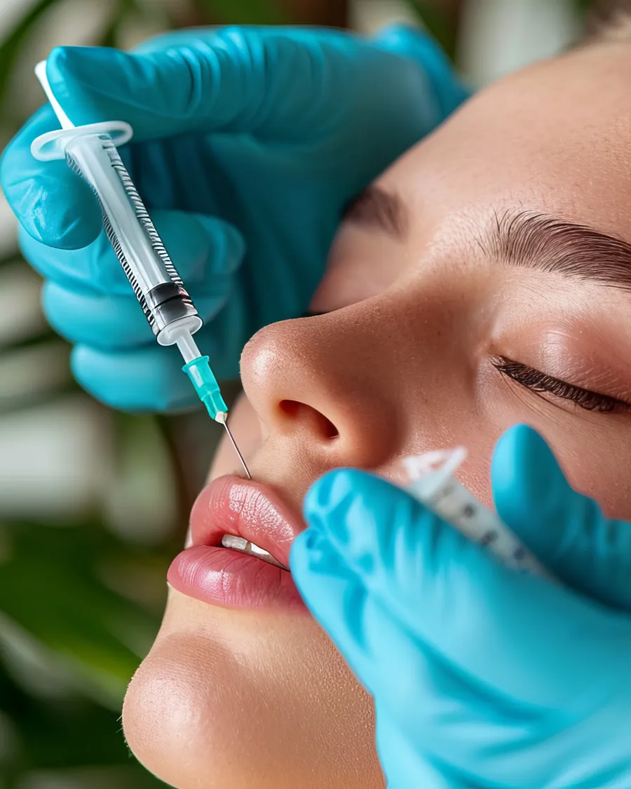 Ärztin setzt eine Unterspritzung im Gesicht, Patientin liegt entspannt