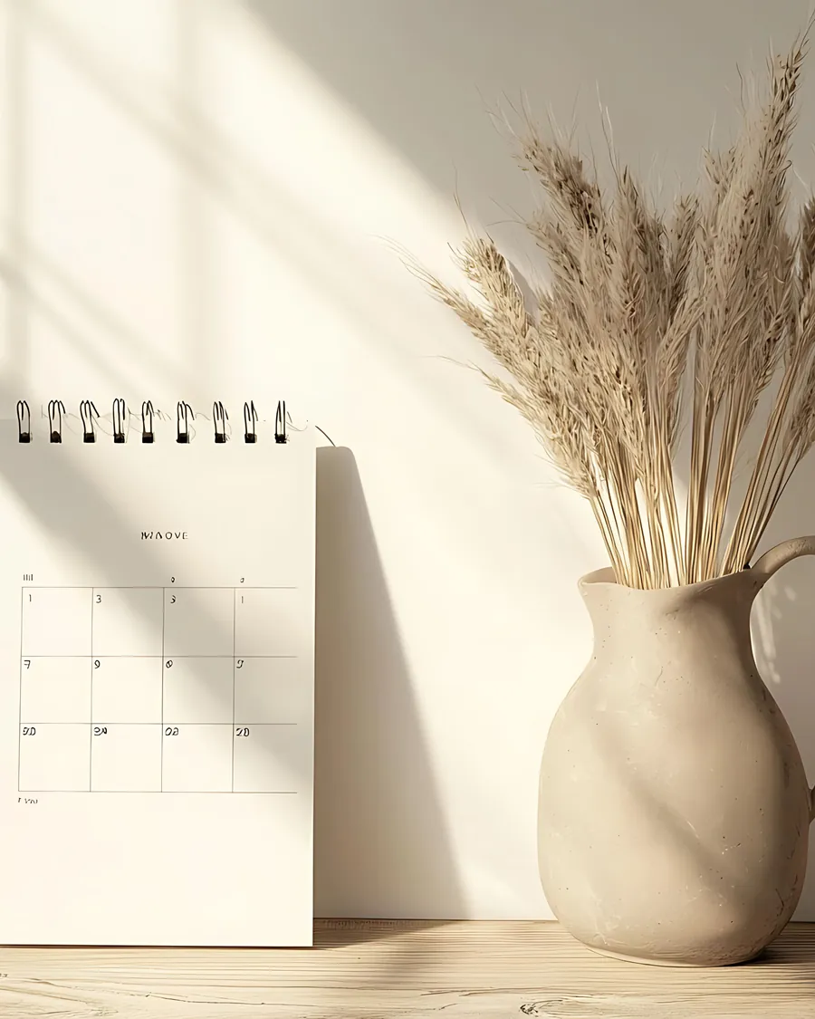 Ein aufgestellter Tischkalender mit leerem Monatsraster neben einer Vase mit getrockneten Gräsern
