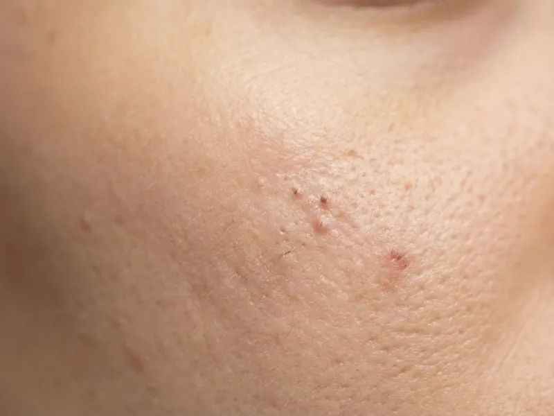Makroaufnahme der Wangenhaut mit sichtbaren Poren, feinen Unebenheiten und kleinen roten Flecken