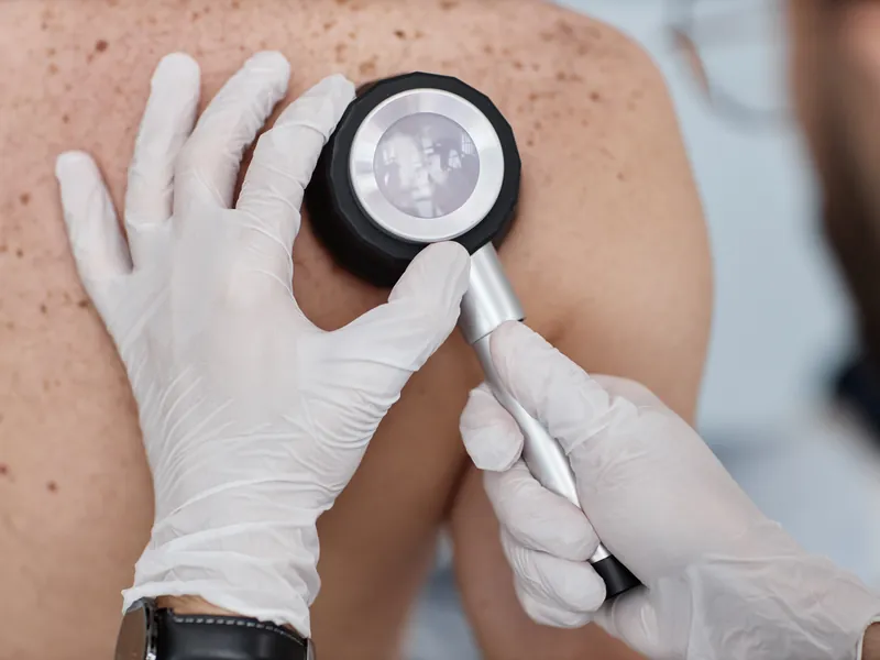 Behandschuhte Hand führt ein Dermatoskop über Rückenhaut mit vielen Muttermalen