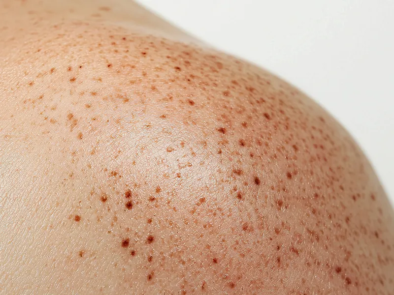 Nahaufnahme einer Schulter mit dicht verteilten Sommersprossen